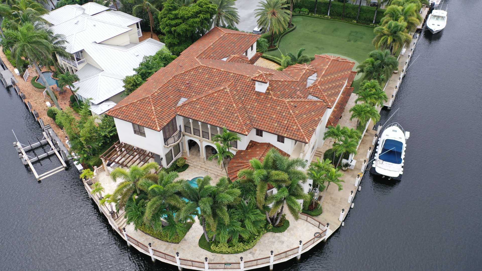 An aerial view of a mansion
